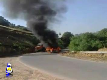 تصادف و سوختن پراید در پیچ معروف نقاره خانه به چیتاب و “چاله مرگ ” + تصاویر